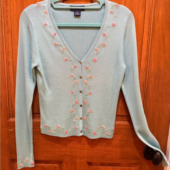 Ann Taylor Sweaters - Ann Taylor Blue Knit Cardigan with Floral Embroidery